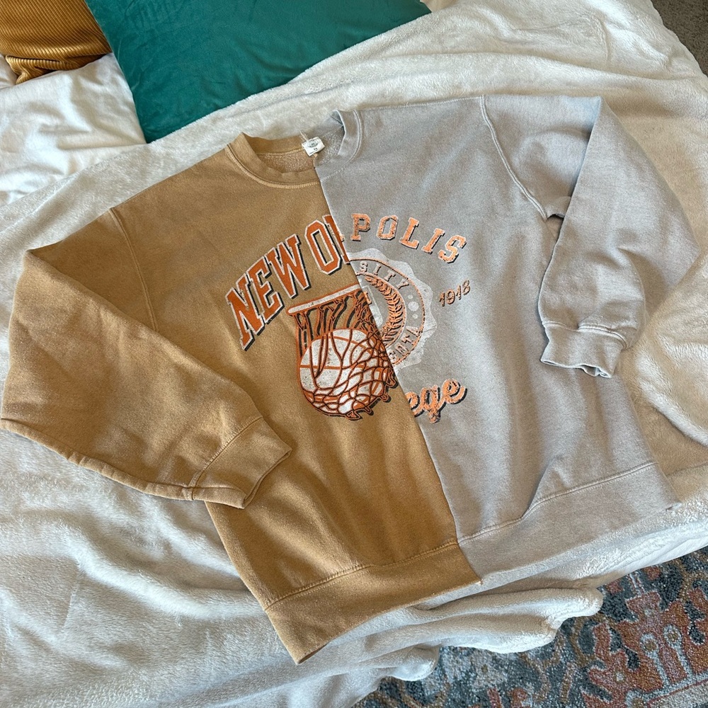 Urban Outfitters Tan and Gray Crewneck Sweater with Varsity Style